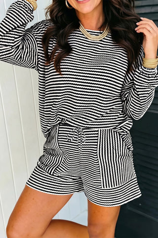 Sky Blue Stripe Textured Knit Long Sleeve Top Elastic Waist Shorts Casual Outfit