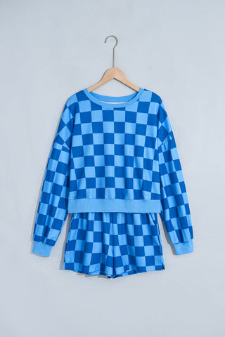 Dark Blue Plaid Checkered Long Sleeve Crop Top Elastic Waist Shorts Two Piece Set