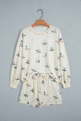 Beige Free Mallard Print Long Sleeve Top Drawstring Short Set