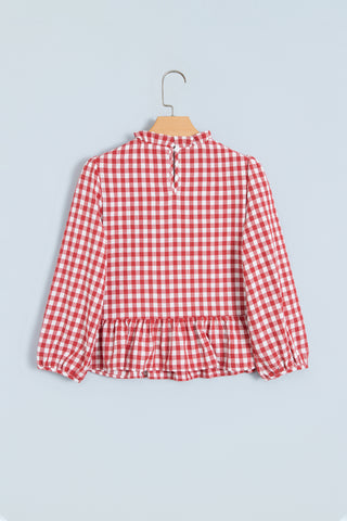 Red 3/4 Sleeve Shirred Plaid Peplum Top