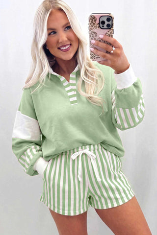 Smoke Green Striped Color Block Pullover Top Drawstring Shorts Set