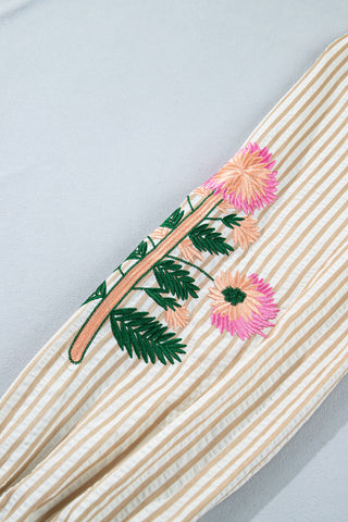 Khaki Stripe V Neck Floral Embroidered Long Sleeve Blouse