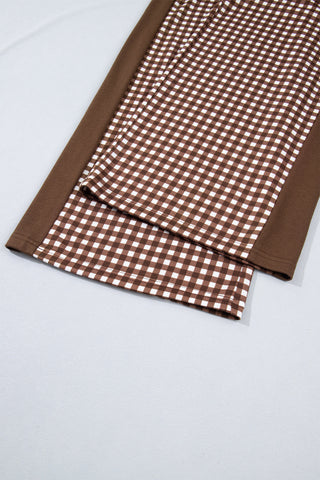 Brown Color Block Plaid Patchwork Long Sleeve Pullover Wide Leg Pant Set