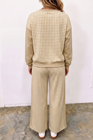 Brown Color Block Plaid Patchwork Long Sleeve Pullover Wide Leg Pant Set