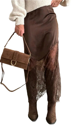 Dark Brown Lace Patchwork Hem Long Casual Shift Skirt