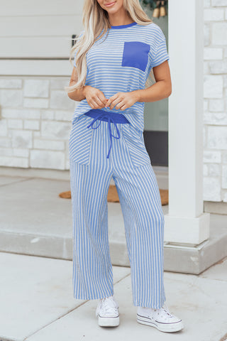Rose Stripe Crew Neck Tee Drawstring Waist Cropped Pants Set