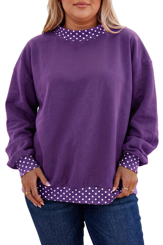 Brown Polka Dot Patchwork Round Neck Plus Size Sweatshirt