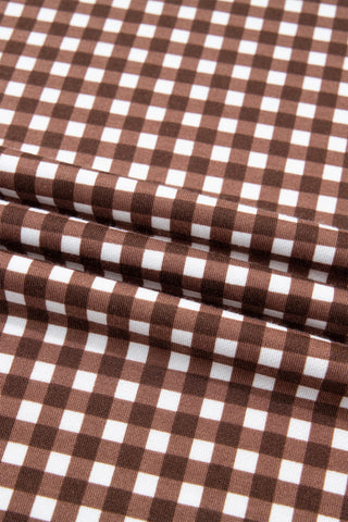 Brown Color Block Plaid Patchwork Long Sleeve Pullover Wide Leg Pant Set