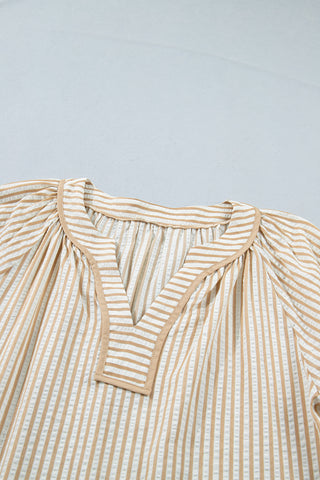 Khaki Stripe V Neck Floral Embroidered Long Sleeve Blouse