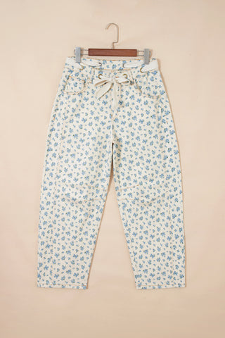 Beige Grommet Knot Waist Floral Barrel Leg Jeans