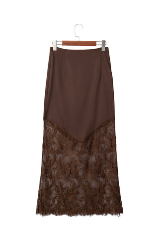 Dark Brown Lace Patchwork Hem Long Casual Shift Skirt