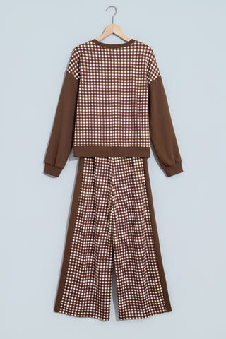 Brown Color Block Plaid Patchwork Long Sleeve Pullover Wide Leg Pant Set