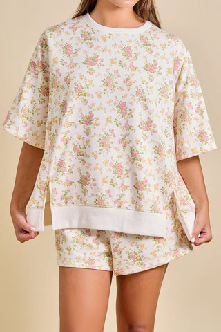 Sky Blue Floral Print Short Sleeve Elastic Waist Pocket Two Piece Set