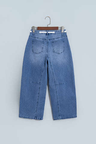 Beau Blue Solid Patchwork Grommet Tie Waist Loose Ankle-Length Jeans