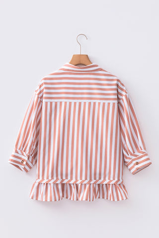 Khaki Stripe Collar Button Front Bracelet Sleeve Ruffle Hem Shirt