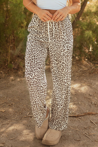 Brown Leopard Drawstring Elastic Waistband Loose Pants
