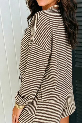 Sky Blue Stripe Textured Knit Long Sleeve Top Elastic Waist Shorts Casual Outfit