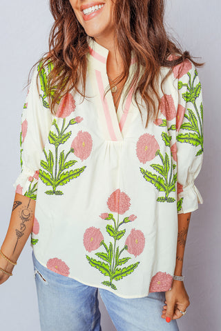 Green Casual Wild Flower Print V Neck 3/4 Sleeve Blouse