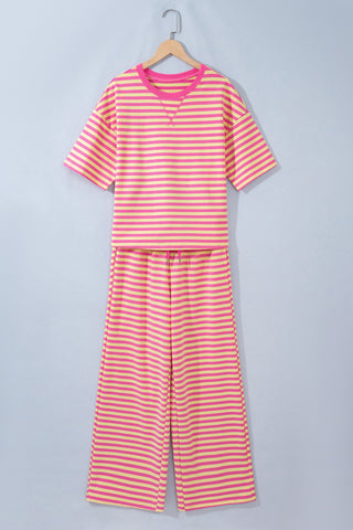 Pink Stripe Colorblock Trim Crew Neck Loose Tee Drawstring Elastic Waist 2pcs Pant Set