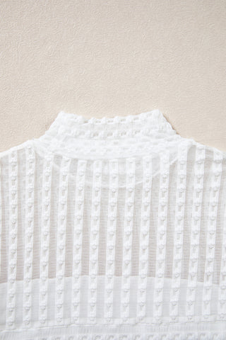 Beige Textured Sheer Lace High Neck Long Sleeve Top