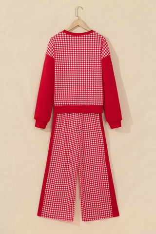 Brown Color Block Plaid Patchwork Long Sleeve Pullover Wide Leg Pant Set