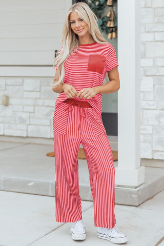 Rose Stripe Crew Neck Tee Drawstring Waist Cropped Pants Set