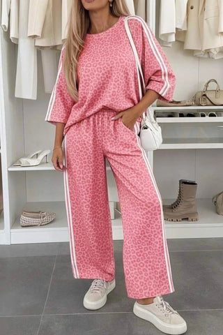 Pink Leopard Print Varsity Striped Detail 3/4 Sleeve Top Shift Pant Set